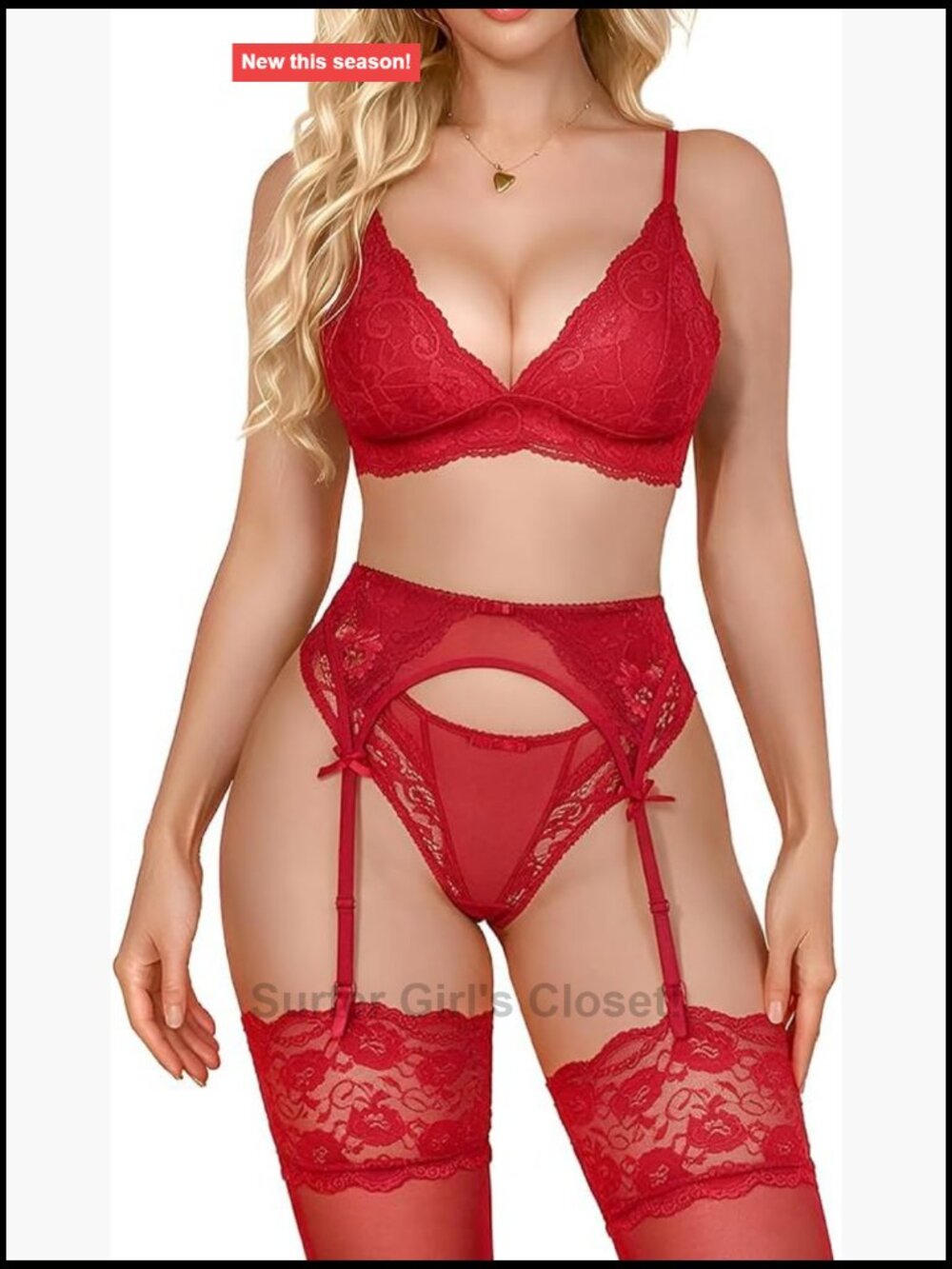 Sexy Lace Lingerie Set with Garter Belt Stockings 4 Piece Wireless Bra and Panty